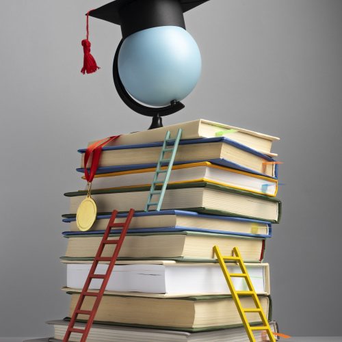 front-view-stacked-books-graduation-cap-ladders-education-day